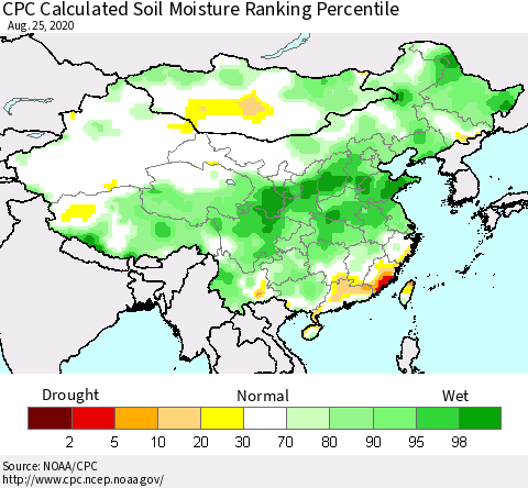 China, Mongolia and Taiwan CPC Soil Moisture Ranking Percentile (Leaky Bucket) Thematic Map For 8/21/2020 - 8/25/2020