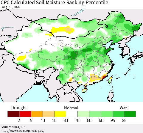 China, Mongolia and Taiwan CPC Soil Moisture Ranking Percentile (Leaky Bucket) Thematic Map For 8/26/2020 - 8/31/2020