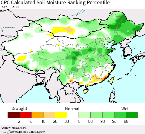 China, Mongolia and Taiwan CPC Soil Moisture Ranking Percentile (Leaky Bucket) Thematic Map For 9/1/2020 - 9/5/2020