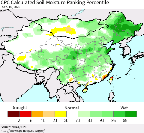 China, Mongolia and Taiwan CPC Soil Moisture Ranking Percentile (Leaky Bucket) Thematic Map For 9/6/2020 - 9/10/2020