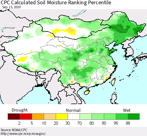 China, Mongolia and Taiwan CPC Soil Moisture Ranking Percentile (Leaky Bucket) Thematic Map For 9/11/2020 - 9/15/2020