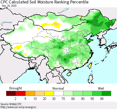 China, Mongolia and Taiwan CPC Soil Moisture Ranking Percentile (Leaky Bucket) Thematic Map For 9/16/2020 - 9/20/2020