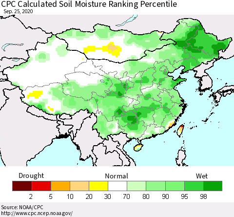 China, Mongolia and Taiwan CPC Soil Moisture Ranking Percentile (Leaky Bucket) Thematic Map For 9/21/2020 - 9/25/2020