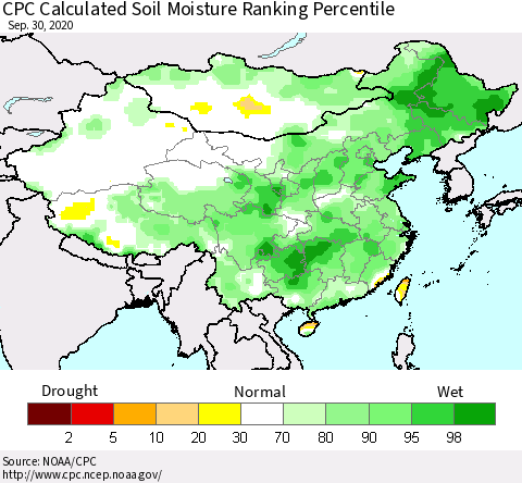China, Mongolia and Taiwan CPC Soil Moisture Ranking Percentile (Leaky Bucket) Thematic Map For 9/26/2020 - 9/30/2020