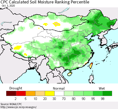 China, Mongolia and Taiwan CPC Soil Moisture Ranking Percentile (Leaky Bucket) Thematic Map For 10/1/2020 - 10/5/2020