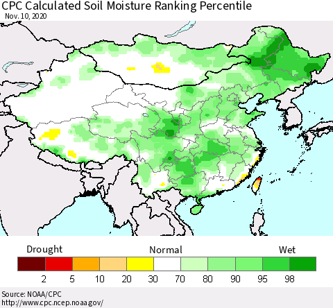 China, Mongolia and Taiwan CPC Soil Moisture Ranking Percentile (Leaky Bucket) Thematic Map For 11/6/2020 - 11/10/2020
