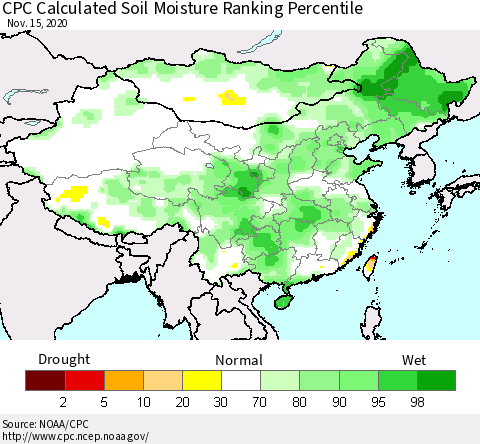 China, Mongolia and Taiwan CPC Soil Moisture Ranking Percentile (Leaky Bucket) Thematic Map For 11/11/2020 - 11/15/2020