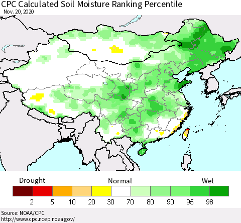 China, Mongolia and Taiwan CPC Soil Moisture Ranking Percentile (Leaky Bucket) Thematic Map For 11/16/2020 - 11/20/2020