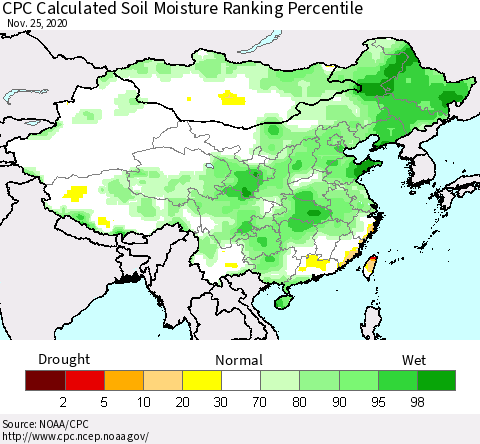 China, Mongolia and Taiwan CPC Soil Moisture Ranking Percentile (Leaky Bucket) Thematic Map For 11/21/2020 - 11/25/2020