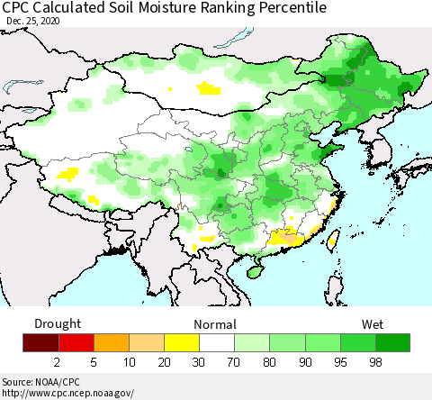 China, Mongolia and Taiwan CPC Soil Moisture Ranking Percentile (Leaky Bucket) Thematic Map For 12/21/2020 - 12/25/2020