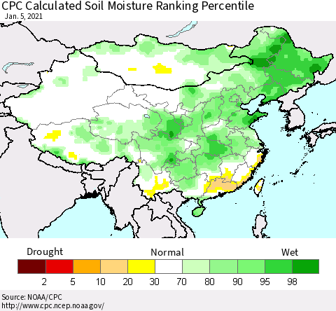 China, Mongolia and Taiwan CPC Soil Moisture Ranking Percentile (Leaky Bucket) Thematic Map For 1/1/2021 - 1/5/2021