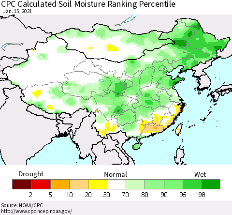 China, Mongolia and Taiwan CPC Soil Moisture Ranking Percentile (Leaky Bucket) Thematic Map For 1/11/2021 - 1/15/2021