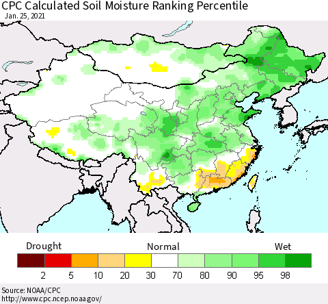 China, Mongolia and Taiwan CPC Soil Moisture Ranking Percentile (Leaky Bucket) Thematic Map For 1/21/2021 - 1/25/2021
