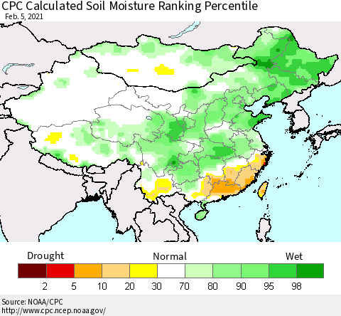 China, Mongolia and Taiwan CPC Soil Moisture Ranking Percentile (Leaky Bucket) Thematic Map For 2/1/2021 - 2/5/2021