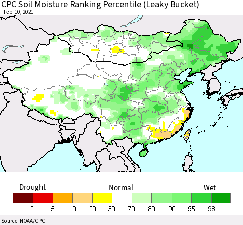 China, Mongolia and Taiwan CPC Soil Moisture Ranking Percentile (Leaky Bucket) Thematic Map For 2/6/2021 - 2/10/2021
