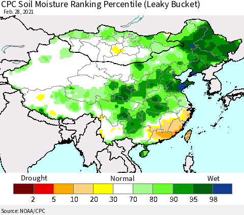 China, Mongolia and Taiwan CPC Soil Moisture Ranking Percentile (Leaky Bucket) Thematic Map For 2/26/2021 - 2/28/2021