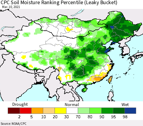China, Mongolia and Taiwan CPC Soil Moisture Ranking Percentile (Leaky Bucket) Thematic Map For 3/6/2021 - 3/10/2021
