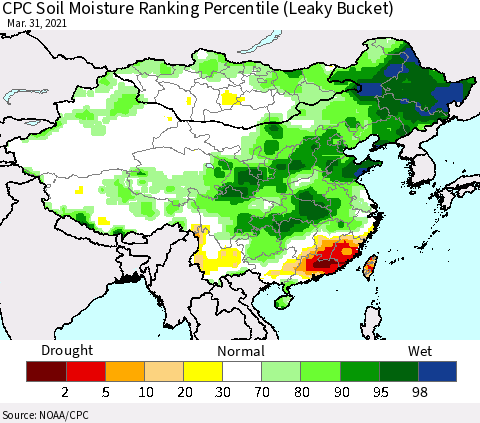 China, Mongolia and Taiwan CPC Soil Moisture Ranking Percentile (Leaky Bucket) Thematic Map For 3/26/2021 - 3/31/2021