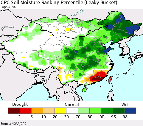 China, Mongolia and Taiwan CPC Soil Moisture Ranking Percentile (Leaky Bucket) Thematic Map For 4/1/2021 - 4/5/2021