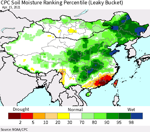 China, Mongolia and Taiwan CPC Soil Moisture Ranking Percentile (Leaky Bucket) Thematic Map For 4/11/2021 - 4/15/2021