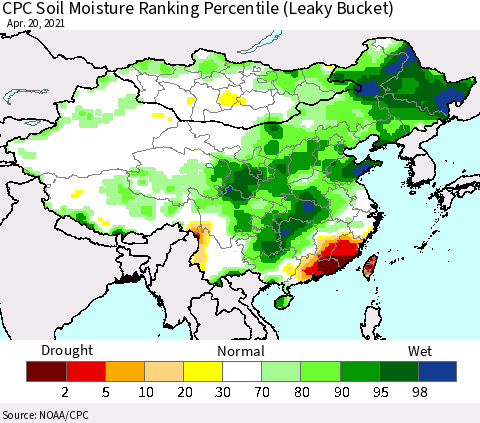 China, Mongolia and Taiwan CPC Soil Moisture Ranking Percentile (Leaky Bucket) Thematic Map For 4/16/2021 - 4/20/2021