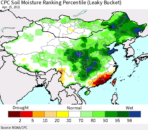 China, Mongolia and Taiwan CPC Soil Moisture Ranking Percentile (Leaky Bucket) Thematic Map For 4/21/2021 - 4/25/2021