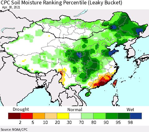 China, Mongolia and Taiwan CPC Soil Moisture Ranking Percentile (Leaky Bucket) Thematic Map For 4/26/2021 - 4/30/2021