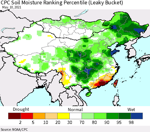 China, Mongolia and Taiwan CPC Soil Moisture Ranking Percentile (Leaky Bucket) Thematic Map For 5/6/2021 - 5/10/2021