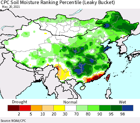 China, Mongolia and Taiwan CPC Soil Moisture Ranking Percentile (Leaky Bucket) Thematic Map For 5/16/2021 - 5/20/2021