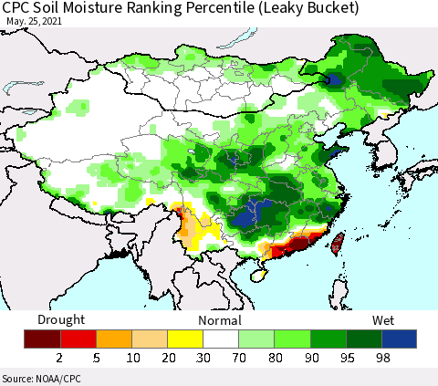 China, Mongolia and Taiwan CPC Soil Moisture Ranking Percentile (Leaky Bucket) Thematic Map For 5/21/2021 - 5/25/2021