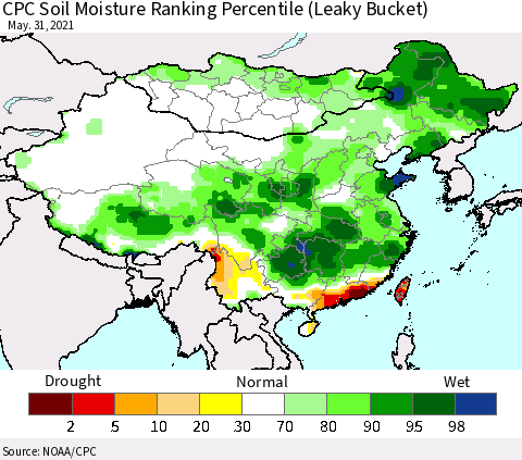 China, Mongolia and Taiwan CPC Soil Moisture Ranking Percentile (Leaky Bucket) Thematic Map For 5/26/2021 - 5/31/2021