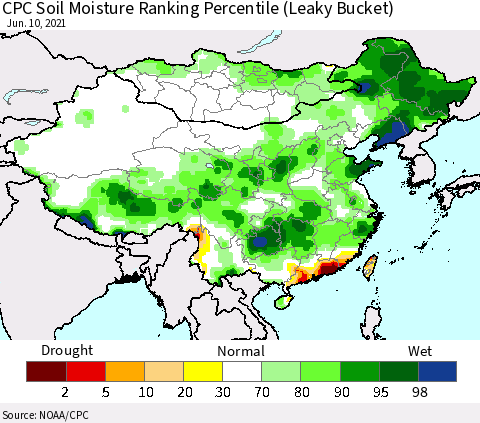 China, Mongolia and Taiwan CPC Soil Moisture Ranking Percentile (Leaky Bucket) Thematic Map For 6/6/2021 - 6/10/2021