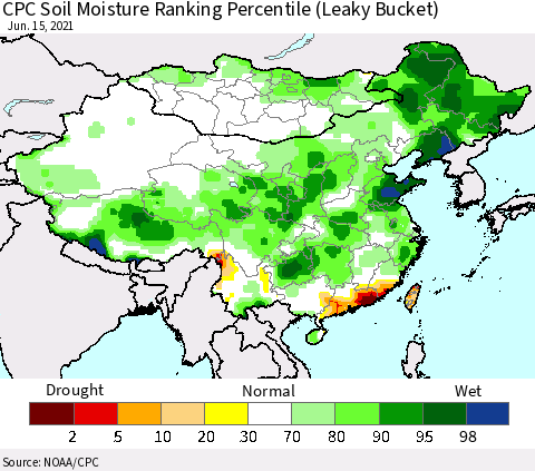 China, Mongolia and Taiwan CPC Soil Moisture Ranking Percentile (Leaky Bucket) Thematic Map For 6/11/2021 - 6/15/2021