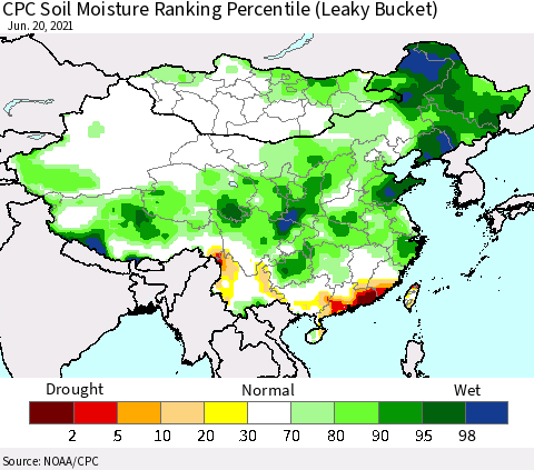 China, Mongolia and Taiwan CPC Soil Moisture Ranking Percentile (Leaky Bucket) Thematic Map For 6/16/2021 - 6/20/2021