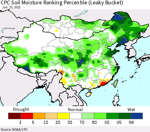 China, Mongolia and Taiwan CPC Soil Moisture Ranking Percentile (Leaky Bucket) Thematic Map For 6/21/2021 - 6/25/2021