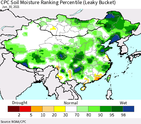 China, Mongolia and Taiwan CPC Soil Moisture Ranking Percentile (Leaky Bucket) Thematic Map For 6/26/2021 - 6/30/2021