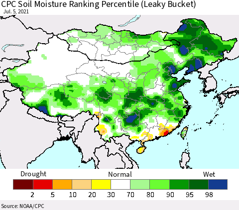 China, Mongolia and Taiwan CPC Soil Moisture Ranking Percentile (Leaky Bucket) Thematic Map For 7/1/2021 - 7/5/2021