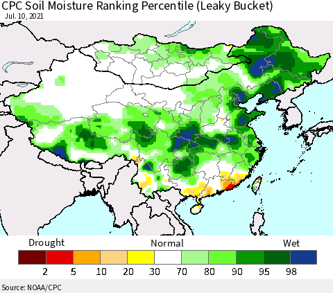 China, Mongolia and Taiwan CPC Soil Moisture Ranking Percentile (Leaky Bucket) Thematic Map For 7/6/2021 - 7/10/2021