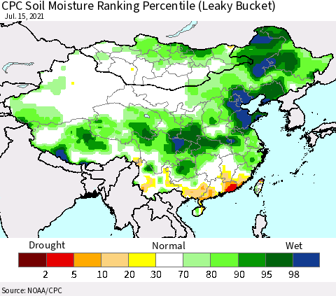 China, Mongolia and Taiwan CPC Soil Moisture Ranking Percentile (Leaky Bucket) Thematic Map For 7/11/2021 - 7/15/2021