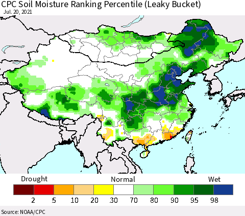 China, Mongolia and Taiwan CPC Soil Moisture Ranking Percentile (Leaky Bucket) Thematic Map For 7/16/2021 - 7/20/2021