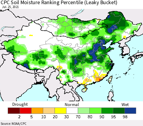 China, Mongolia and Taiwan CPC Soil Moisture Ranking Percentile (Leaky Bucket) Thematic Map For 7/21/2021 - 7/25/2021