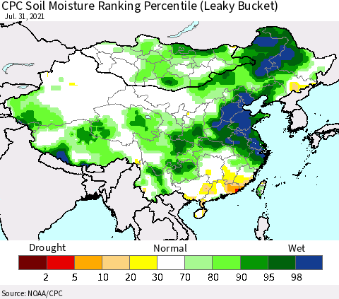 China, Mongolia and Taiwan CPC Soil Moisture Ranking Percentile (Leaky Bucket) Thematic Map For 7/26/2021 - 7/31/2021