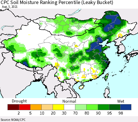 China, Mongolia and Taiwan CPC Soil Moisture Ranking Percentile (Leaky Bucket) Thematic Map For 8/1/2021 - 8/5/2021