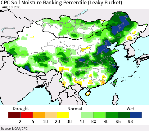 China, Mongolia and Taiwan CPC Soil Moisture Ranking Percentile (Leaky Bucket) Thematic Map For 8/6/2021 - 8/10/2021
