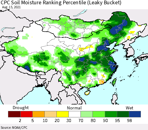 China, Mongolia and Taiwan CPC Soil Moisture Ranking Percentile (Leaky Bucket) Thematic Map For 8/11/2021 - 8/15/2021