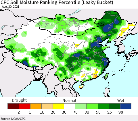China, Mongolia and Taiwan CPC Soil Moisture Ranking Percentile (Leaky Bucket) Thematic Map For 8/16/2021 - 8/20/2021