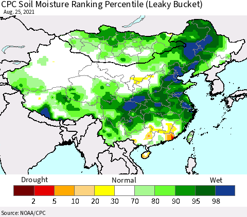 China, Mongolia and Taiwan CPC Soil Moisture Ranking Percentile (Leaky Bucket) Thematic Map For 8/21/2021 - 8/25/2021