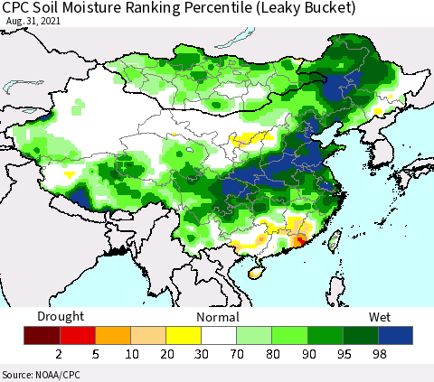 China, Mongolia and Taiwan CPC Soil Moisture Ranking Percentile (Leaky Bucket) Thematic Map For 8/26/2021 - 8/31/2021