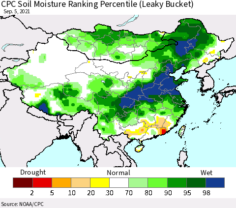 China, Mongolia and Taiwan CPC Soil Moisture Ranking Percentile (Leaky Bucket) Thematic Map For 9/1/2021 - 9/5/2021