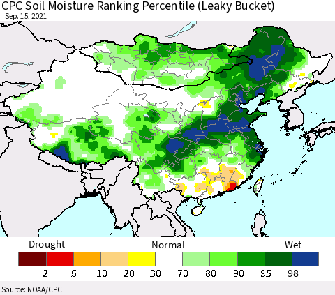 China, Mongolia and Taiwan CPC Soil Moisture Ranking Percentile (Leaky Bucket) Thematic Map For 9/11/2021 - 9/15/2021